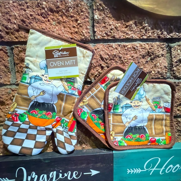 3~Pcs Chef 100% Cotton Kitchen Sets: 1~Oven Mitt, & 2~ Pot Holder 100%Cotton - Picture 5 of 6